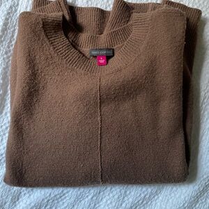 Vince Camuto Soft Sweater in Warm Brown, exposed mid-seam, relaxed fit